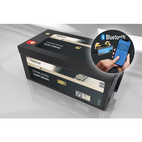 Forster 12,8V Lithium 300Ah LiFePO4 Premium Batterie | 200A-BMS-2.0 | 500A Bluetooth Mess-Shunt | 3840Wh | IP67