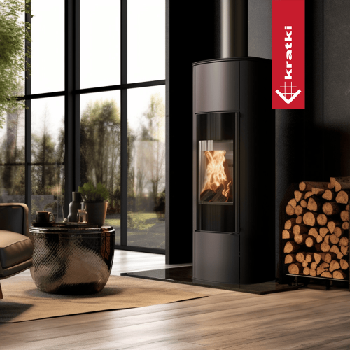 Freistehender Stahlofen KRATKI ENYO R 5,5 kW Außen Schwarz, Innen Weiß – Holzofen modern, energieeffizient & BImSchV-konform
